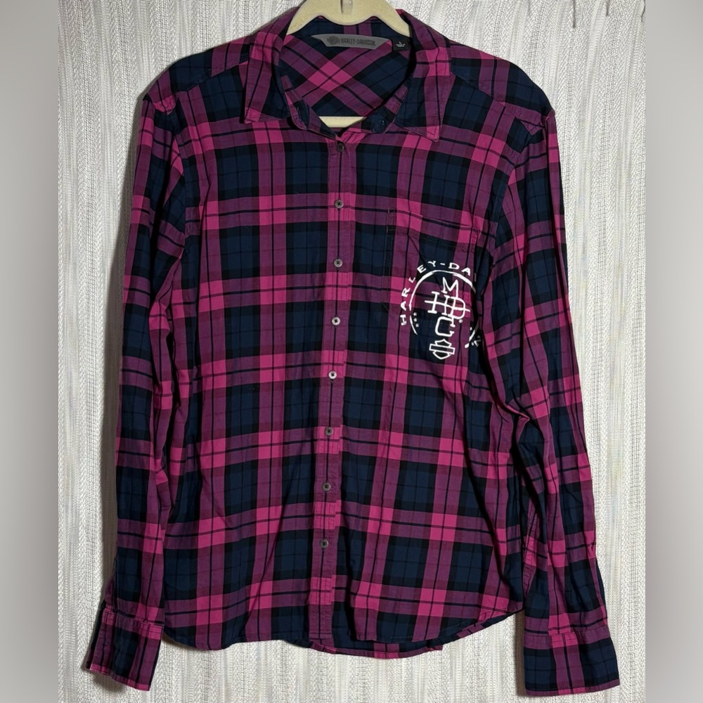 Harley-Davidson Pink and Navy Plaid Button-Down Shirt